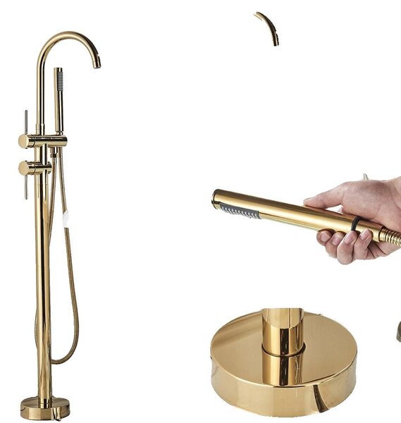Rubinetto per vasca da bagno, design freestanding, bocchetta girevole a 360°, finitura dorata