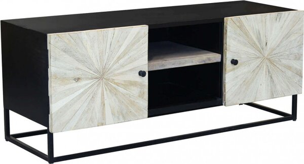 DecHome Mobile TV Industriale 2 Ante 2 Vani a Giorno in Legno Dimensioni 140x46x56 cm colore Nero/Beige