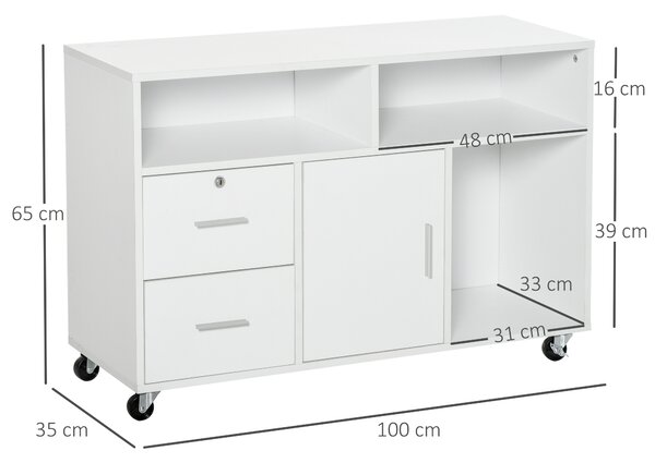 HOMCOM Mobiletto Multiuso minimalista per stampante, Ufficio e Casa con Cassetti di chiave e 4 ruote, 100x35x65cm, Bianco | Aosom Italy