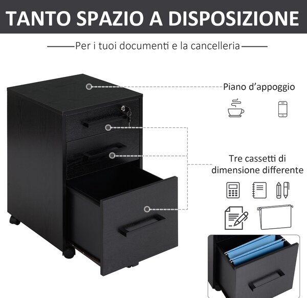 HOMCOM Cassettiera Portadocumenti da Ufficio con 3 Cassetti, 5 Ruote, Nero, 39.2 x 40 x 65.4cm
