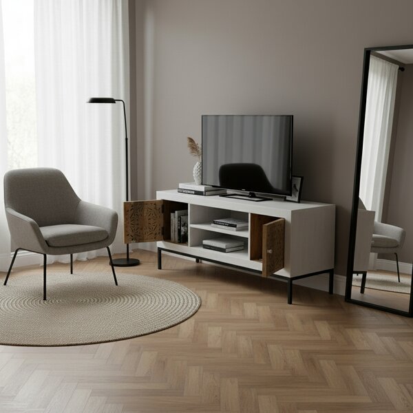 DecHome Mobile TV Industriale 2 Ante 2 Vani a Giorno in Metallo e Legno Dimensioni 130x40x55 cm colore Marrone - Dantein