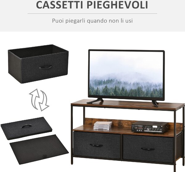DecHome Mobile TV Industriale 2 Cassetti in Tessuto 1 Vano a Giorno in Metallo Dimensioni 98x29x56 cm colore Marrone