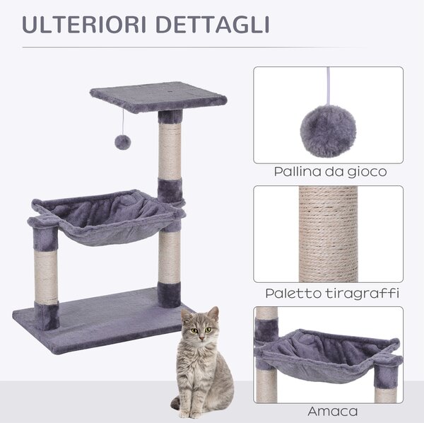 PawHut Tiragraffi per Gatti Multilivello con Amaca e Pallina, Legno e Peluche, 50x36x70cm, Grigio|Aosom