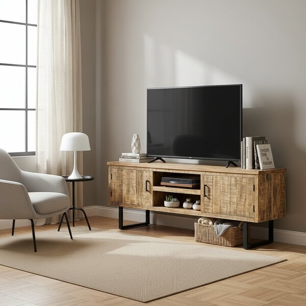 DecHome Mobile TV Industriale 2 Ante 2 Vani a Giorno in Metallo e Legno Dimensioni 160x45x60 cm colore Nero - Bordigherain