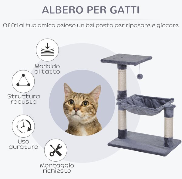 PawHut Tiragraffi per Gatti Multilivello con Amaca e Pallina, Legno e Peluche, 50x36x70cm, Grigio|Aosom