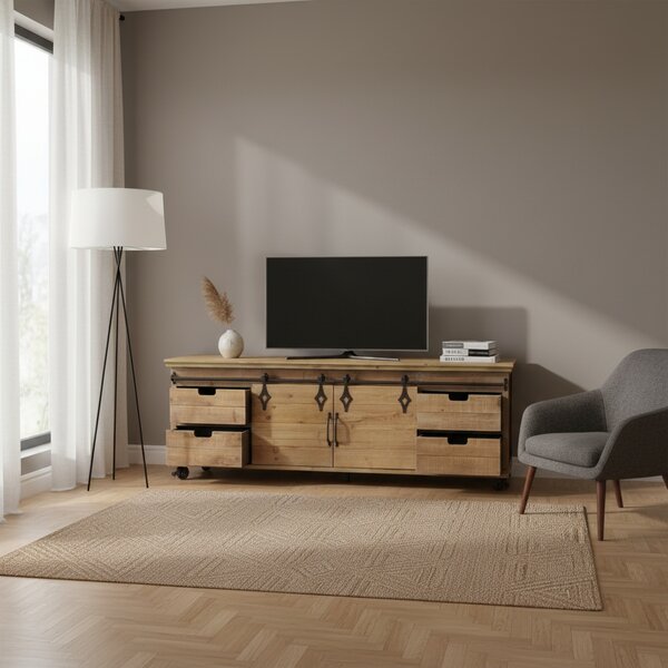 DecHome Mobile TV Industriale 2 Ante 4 Cassetti in Metallo e Legno Dimensioni 151x45x52 cm colore Marrone