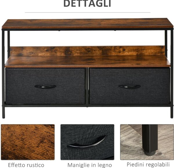 DecHome Mobile TV Industriale 2 Cassetti in Tessuto 1 Vano a Giorno in Metallo Dimensioni 98x29x56 cm colore Marrone
