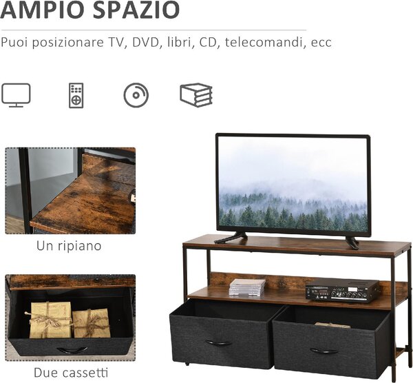 DecHome Mobile TV Industriale 2 Cassetti in Tessuto 1 Vano a Giorno in Metallo Dimensioni 98x29x56 cm colore Marrone