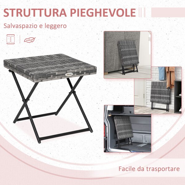 Outsunny Tavolino da Giardino Pieghevole Salvaspazio in Rattan Sintetico e Acciaio, 40x40x40cm, Grigio|Aosom