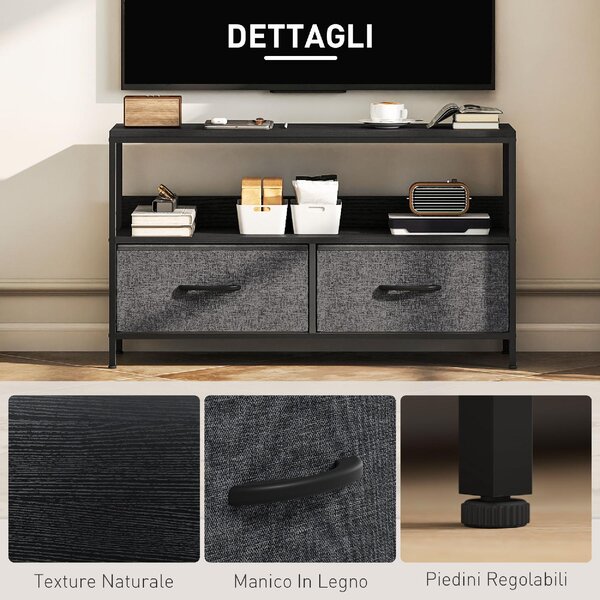 DecHome Mobile TV Industriale 2 Cassetti in Tessuto 1 Vano a Giorno in Metallo Dimensioni 98x29x56 cm colore Nero