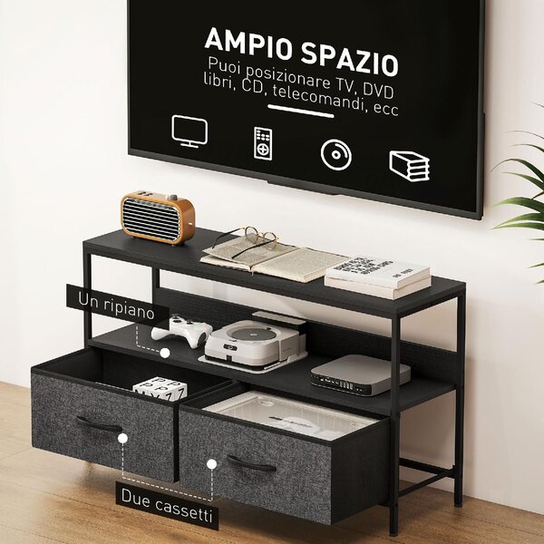 DecHome Mobile TV Industriale 2 Cassetti in Tessuto 1 Vano a Giorno in Metallo Dimensioni 98x29x56 cm colore Nero
