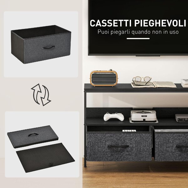 DecHome Mobile TV Industriale 2 Cassetti in Tessuto 1 Vano a Giorno in Metallo Dimensioni 98x29x56 cm colore Nero