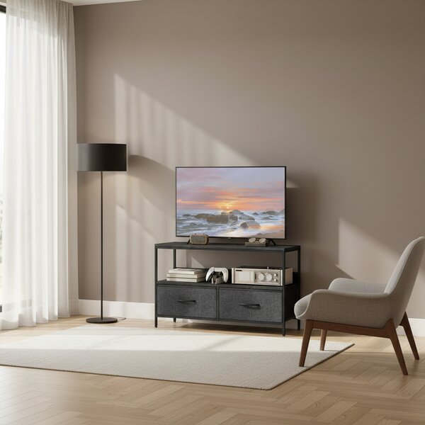 DecHome Mobile TV Industriale 2 Cassetti in Tessuto 1 Vano a Giorno in Metallo Dimensioni 98x29x56 cm colore Nero