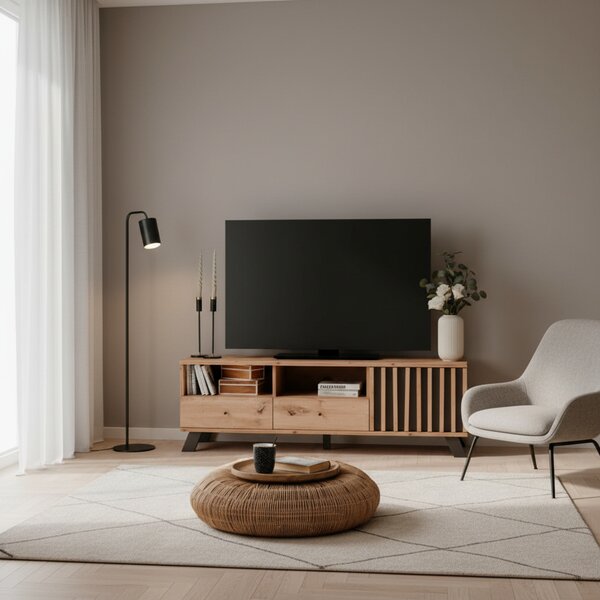 DecHome Mobile TV Moderno 1 Anta 2 Cassetti 2 Vani a Giorno Dimensioni 138x40x44 cm colore Rovere - Medan