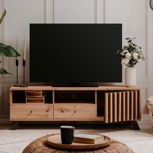 DecHome Mobile TV Moderno 1 Anta 2 Cassetti 2 Vani a Giorno Dimensioni 138x40x44 cm colore Rovere - Medan