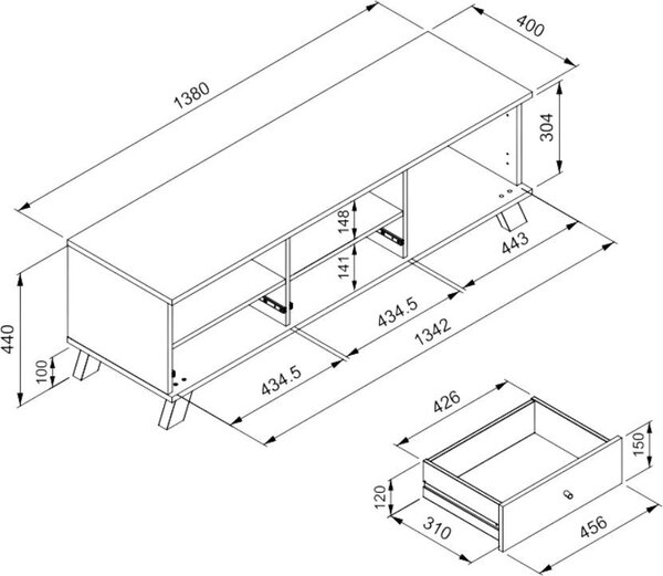 DecHome Mobile TV Moderno 1 Anta 2 Cassetti 2 Vani a Giorno Dimensioni 138x40x44 cm colore Rovere - Medan