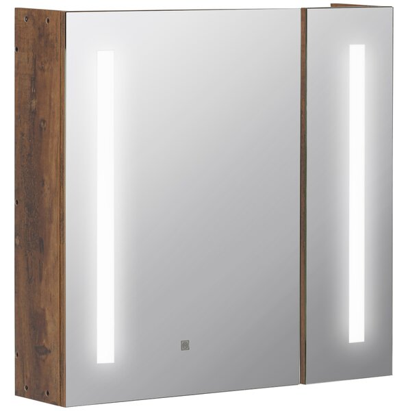 Kleankin Mobiletto Bagno con Specchio e Luci LED Regolabili, 2 Ante e Mensola Regolabile, Design a parete, 70x15x65cm, Marrone|Aosom Italy