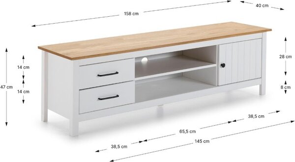 DecHome Mobile TV Moderno 1 Anta 2 Cassetti 2 Vani a Giorno in Legno Dimensioni 158x40x47 cm colore Bianco - Miranda