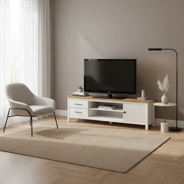 DecHome Mobile TV Moderno 1 Anta 2 Cassetti 2 Vani a Giorno in Legno Dimensioni 158x40x47 cm colore Bianco - Miranda