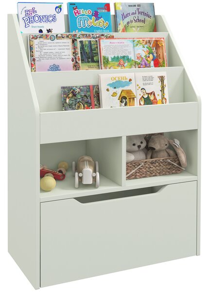 Libreria Per Bambini AIYAPLAY A 3 Ripiani Con Cassetto - Scaffale Portagiochi In MDF, 62.5x30x70 Cm, Bianco/Grigio