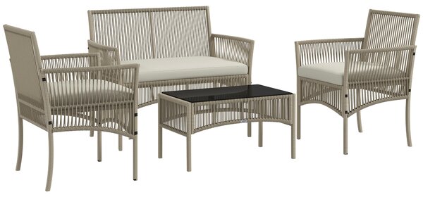 Outsunny Set da Giardino in Rattan da 4 Pezzi con 2 Poltroncine, Divano e Tavolino da Caffè, Kaki e Nero