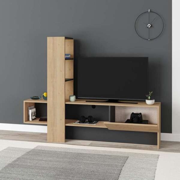 DecHome Mobile TV Moderno 1 Anta Vani a Giorno Dimensioni 180x38x138 cm colore Antracite e Rovere - Troya
