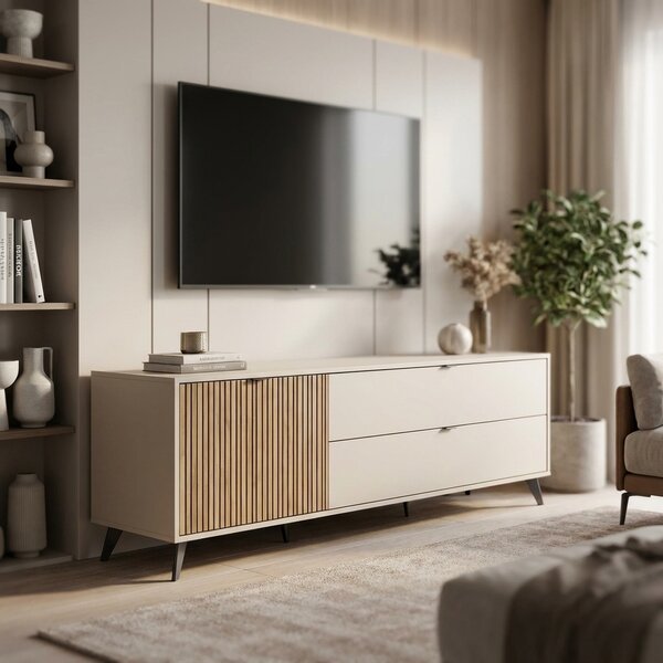 COMPOSAD Mobile TV Moderno 1 Anta Battente 2 Cassetti Dimensioni 183x41x64 cm colore Cashmere Cannetato - Ilago