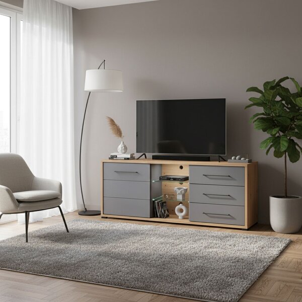 DecHome Mobile TV Moderno 1 Anta 3 Cassetti 3 Vani a Giorno Dimensioni 161,5x40x65 cm colore Rovere e Grigio