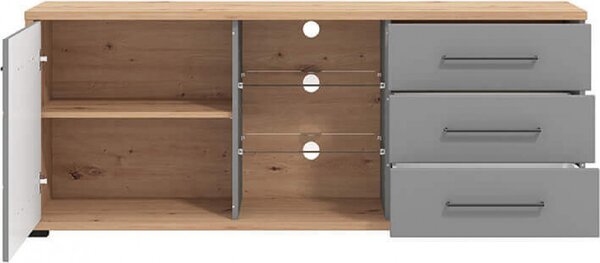 DecHome Mobile TV Moderno 1 Anta 3 Cassetti 3 Vani a Giorno Dimensioni 161,5x40x65 cm colore Rovere e Grigio