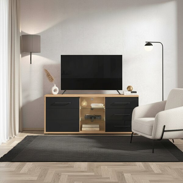 DecHome Mobile TV Moderno 1 Anta 3 Cassetti 3 Vani a Giorno Dimensioni 161,5x40x65 cm colore Rovere e Nero