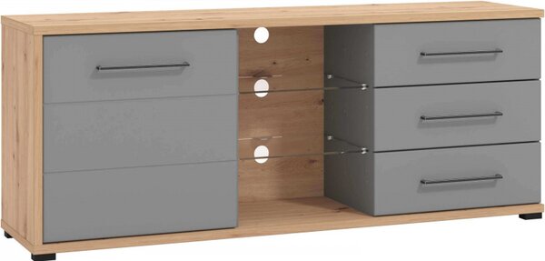 DecHome Mobile TV Moderno 1 Anta 3 Cassetti 3 Vani a Giorno Dimensioni 161,5x40x65 cm colore Rovere e Grigio