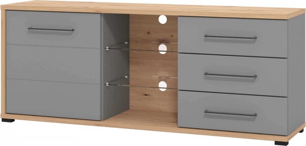 DecHome Mobile TV Moderno 1 Anta 3 Cassetti 3 Vani a Giorno Dimensioni 161,5x40x65 cm colore Rovere e Grigio