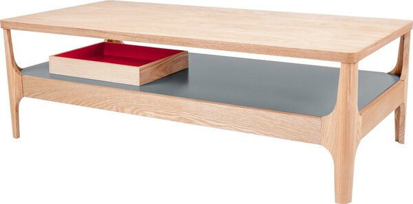 Tavolino Padiro, forma rettangolare, dimensioni 120 x 60 x 40 cm, colore noce/grigio, realizzato in MDF con impiallacciatura in legno, dotato di vano contenitore, gambe in legno massello