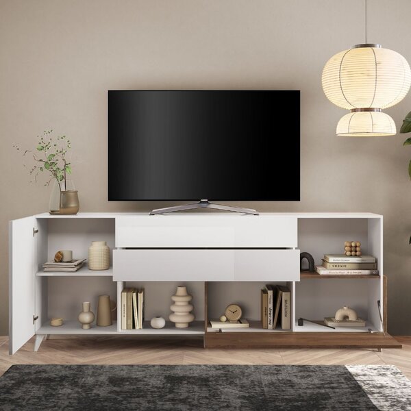 DecHome Mobile TV Moderno 2 Ante 2 Cassetti 2 Vani a Giorno in Legno Dimensioni 241x94x42 cm colore Bianco - Marion