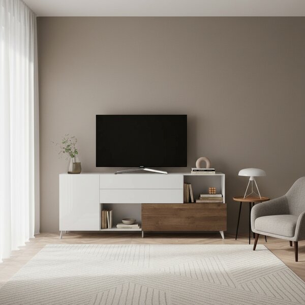DecHome Mobile TV Moderno 2 Ante 2 Cassetti 2 Vani a Giorno in Legno Dimensioni 241x94x42 cm colore Bianco - Marion
