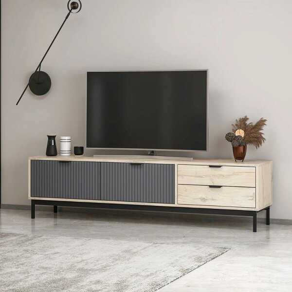 DecHome Mobile TV Moderno 2 Ante 2 Cassetti Dimensioni 180x35x47 cm colore Antracite e Rovere - Esta