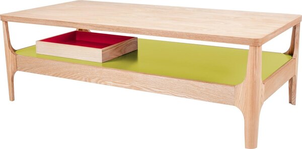 Tavolino Padiro, forma rettangolare, dimensioni 120 x 60 x 40 cm, colore legno di faggio/verde, realizzato in MDF con impiallacciatura in legno, dotato di vano portaoggetti