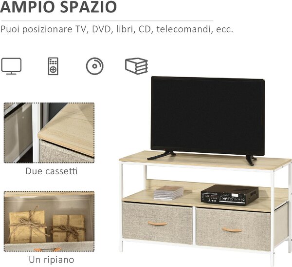 DecHome Mobile TV Moderno 2 Cassetti in Tessuto 1 Vano a Giorno in Metallo Dimensioni 98x29x56 cm colore Legno