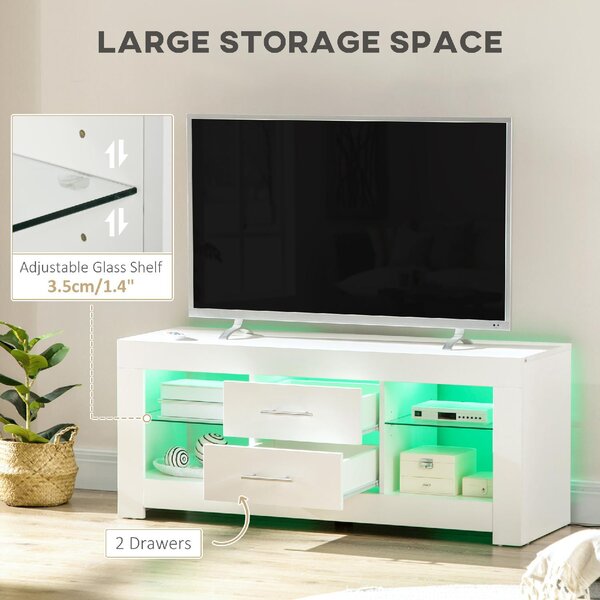 DecHome Mobile TV Moderno 2 Cassetti 4 Vani a Giorno Luci LED in Legno e Vetro Dimensioni 120x40x50 cm colore Bianco