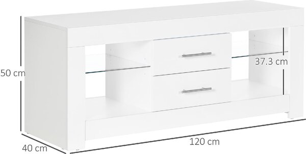 DecHome Mobile TV Moderno 2 Cassetti 4 Vani a Giorno Luci LED in Legno e Vetro Dimensioni 120x40x50 cm colore Bianco