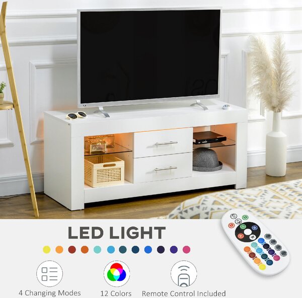 DecHome Mobile TV Moderno 2 Cassetti 4 Vani a Giorno Luci LED in Legno e Vetro Dimensioni 120x40x50 cm colore Bianco