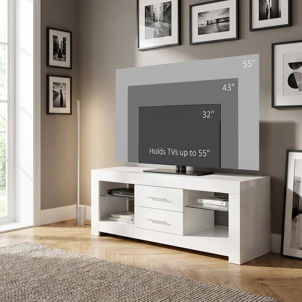 DecHome Mobile TV Moderno 2 Cassetti 4 Vani a Giorno Luci LED in Legno e Vetro Dimensioni 120x40x50 cm colore Bianco
