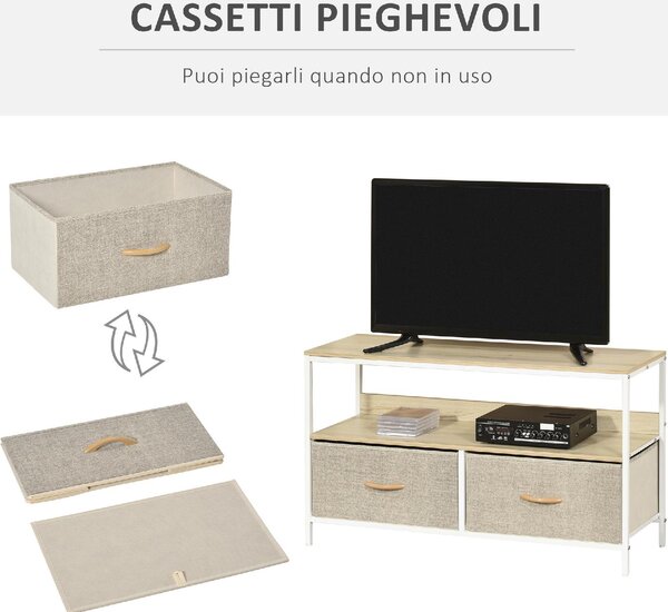 DecHome Mobile TV Moderno 2 Cassetti in Tessuto 1 Vano a Giorno in Metallo Dimensioni 98x29x56 cm colore Legno