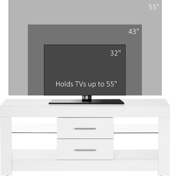 DecHome Mobile TV Moderno 2 Cassetti 4 Vani a Giorno Luci LED in Legno e Vetro Dimensioni 120x40x50 cm colore Bianco