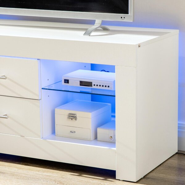 DecHome Mobile TV Moderno 2 Cassetti 4 Vani a Giorno Luci LED in Legno e Vetro Dimensioni 120x40x50 cm colore Bianco