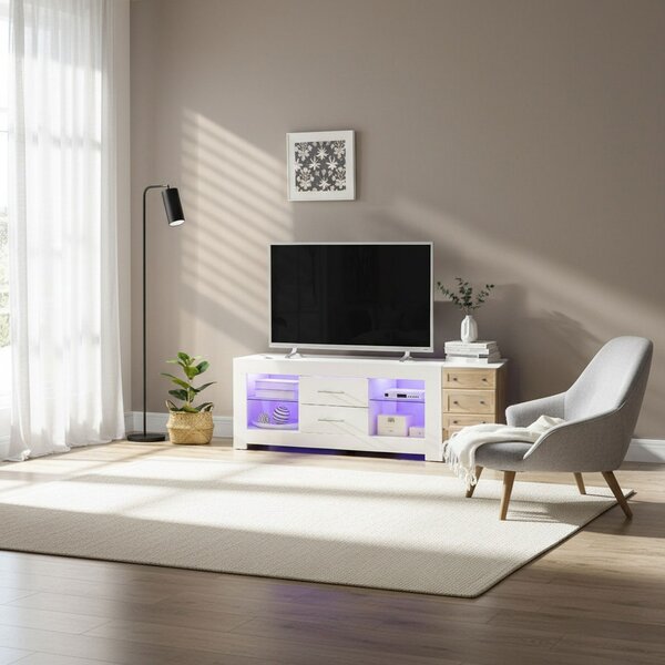DecHome Mobile TV Moderno 2 Cassetti 4 Vani a Giorno Luci LED in Legno e Vetro Dimensioni 120x40x50 cm colore Bianco