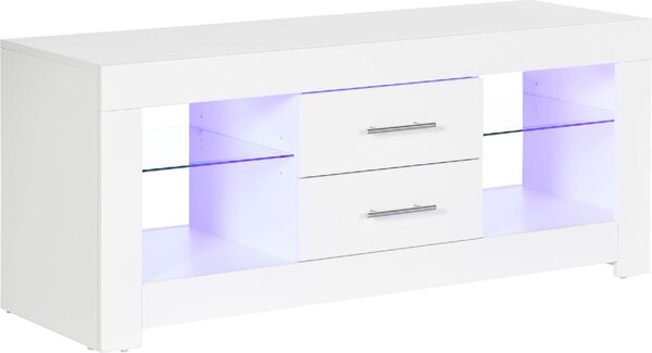 DecHome Mobile TV Moderno 2 Cassetti 4 Vani a Giorno Luci LED in Legno e Vetro Dimensioni 120x40x50 cm colore Bianco