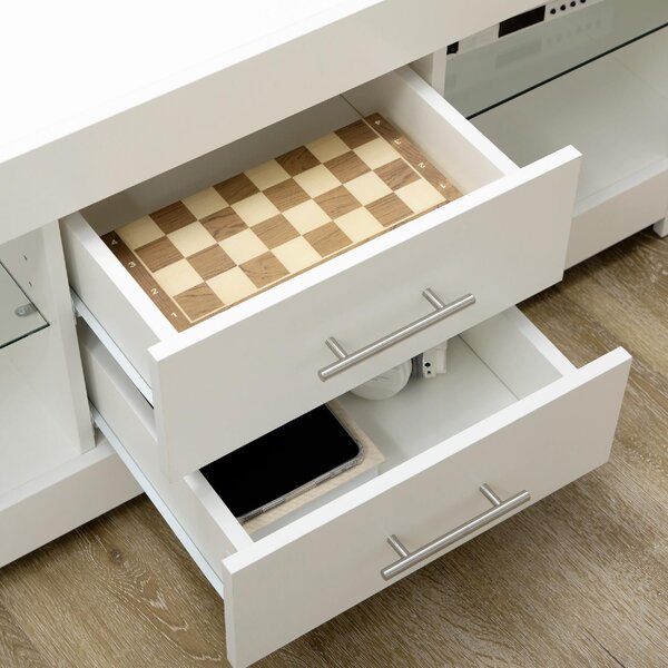 DecHome Mobile TV Moderno 2 Cassetti 4 Vani a Giorno Luci LED in Legno e Vetro Dimensioni 120x40x50 cm colore Bianco
