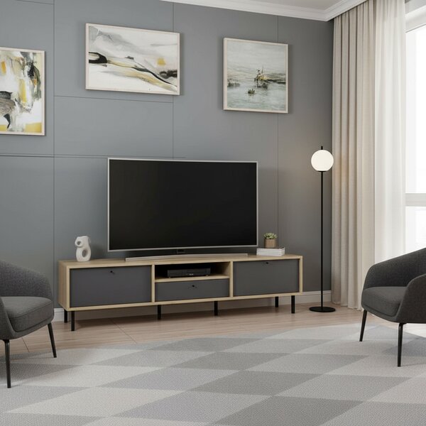 DecHome Mobile TV Moderno 3 Ante 1 Vano a Giorno Dimensioni 180x40x45 cm colore Antracite e Rovere - Lida