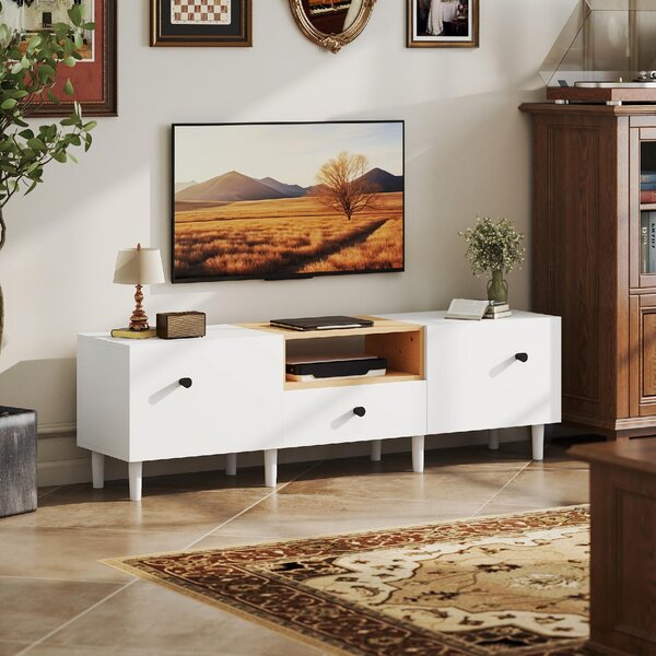 DecHome Mobile TV Moderno 3 Ante 1 Vano a Giorno in Legno Dimensioni 150x35x45 cm colore Bianco/Legno